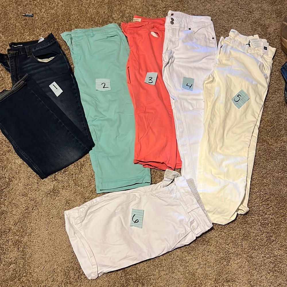 Pants, capri, and a pair of shorts. All colors